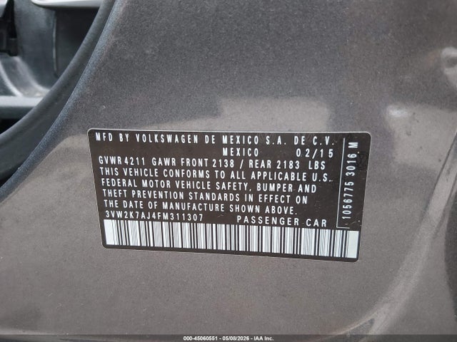 Продажа на аукционе авто 2015 Volkswagen Jetta 2.0l S, vin: 3VW2K7AJ4FM311307, номер лота: 45060551