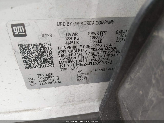 Aukcja sprzedaży 2024 Chevrolet Trax Fwd Lt, vin: KL77LHE24RC093371, numer aukcji: 45060552