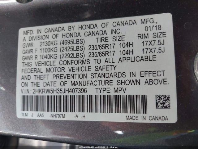 45060555 :رقم المزاد ، 2HKRW5H35JH407396 vin ، 2018 Honda Cr-v Lx مزاد بيع