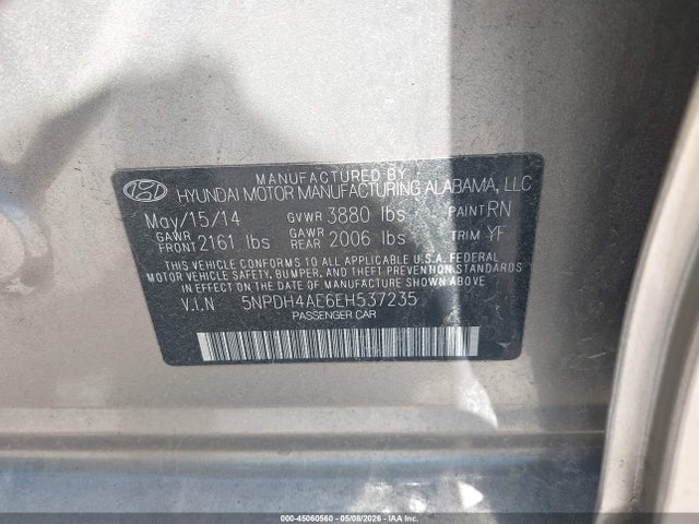2014 Hyundai Elantra Se მანქანა იყიდება აუქციონზე, vin: 5NPDH4AE6EH537235, აუქციონის ნომერი: 45060560