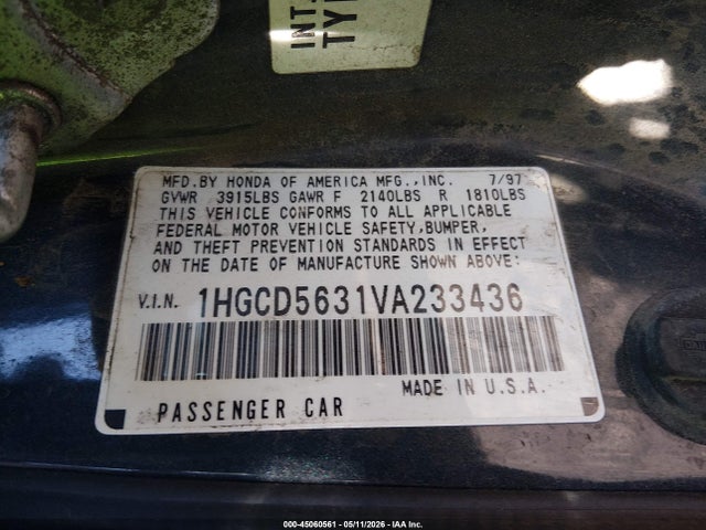 1997 Honda Accord Lx მანქანა იყიდება აუქციონზე, vin: 1HGCD5631VA233436, აუქციონის ნომერი: 45060561