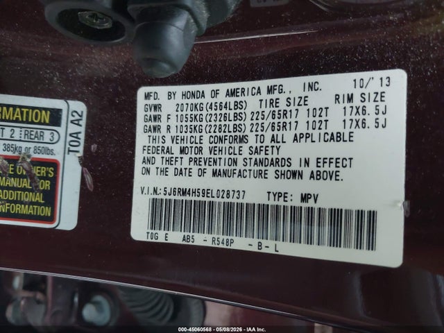 Продажа на аукционе авто 2014 Honda Cr-v Ex, vin: 5J6RM4H59EL028737, номер лота: 45060568