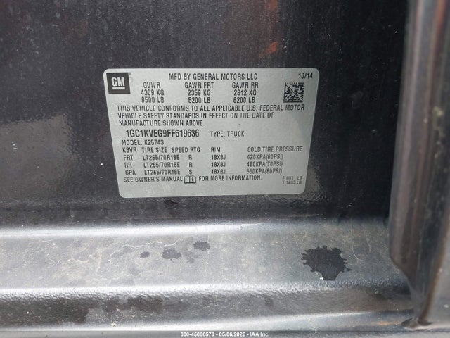 Продаж на аукціоні авто 2015 Chevrolet Silverado 2500hd Lt, vin: 1GC1KVEG9FF519636, номер лоту: 45060579