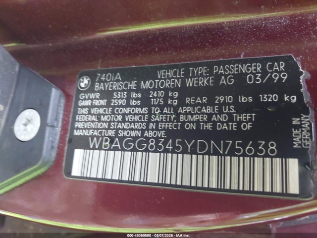 Aukcja sprzedaży 2000 Bmw 740ia, vin: WBAGG8345YDN75638, numer aukcji: 45060580