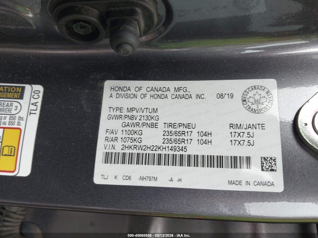 45060588 :رقم المزاد ، 2HKRW2H22KH149345 vin ، 2019 Honda Cr-v Lx مزاد بيع
