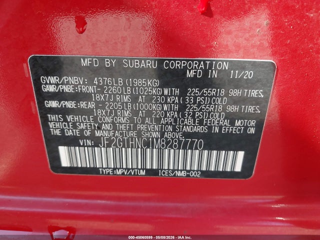 45060599 :رقم المزاد ، JF2GTHNC1M8287770 vin ، 2021 Subaru Crosstrek Limited مزاد بيع