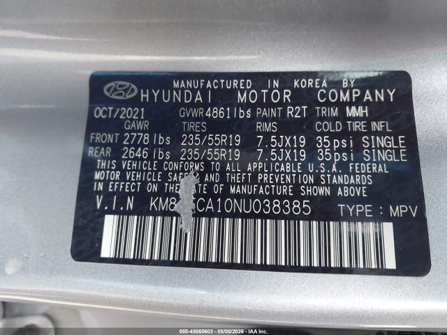 Aukcja sprzedaży 2022 Hyundai Tucson Hybrid Limited, vin: KM8JECA10NU038385, numer aukcji: 45060603