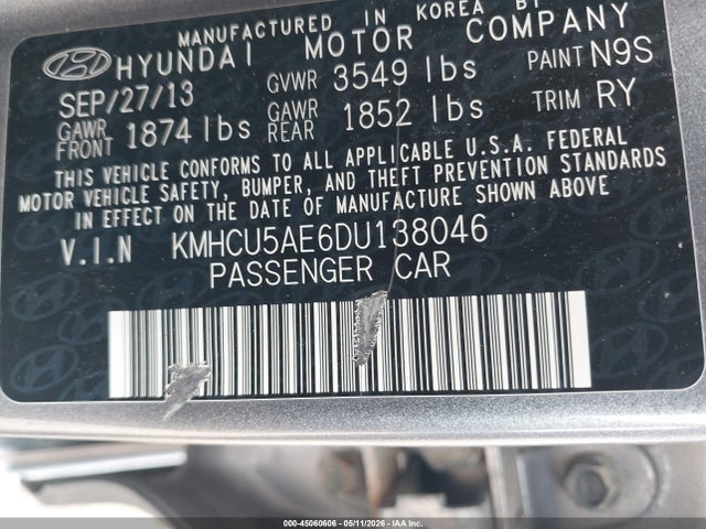 45060606 :رقم المزاد ، KMHCU5AE6DU138046 vin ، 2013 Hyundai Accent Se مزاد بيع