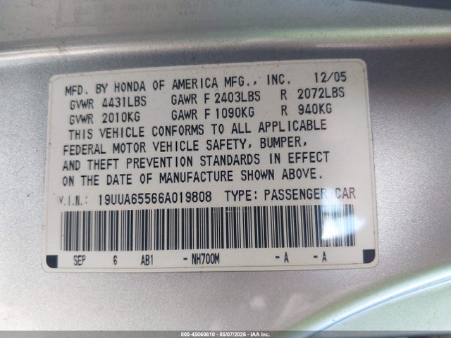 Aukcja sprzedaży 2006 Acura Tl, vin: 19UUA65566A019808, numer aukcji: 45060610