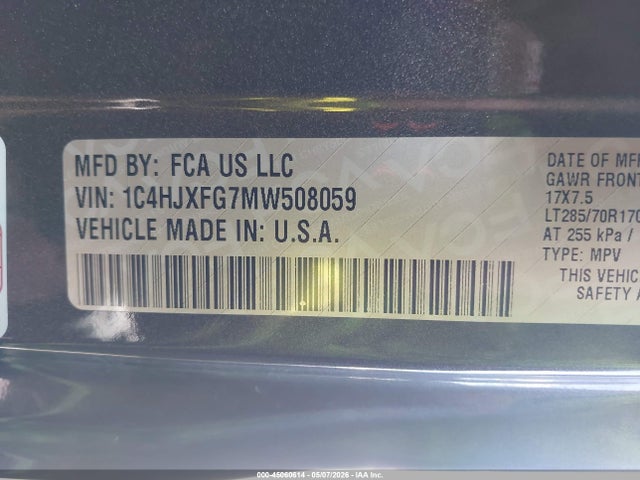 Aukcja sprzedaży 2021 Jeep Wrangler Unlimited Rubicon 4x4, vin: 1C4HJXFG7MW508059, numer aukcji: 45060614