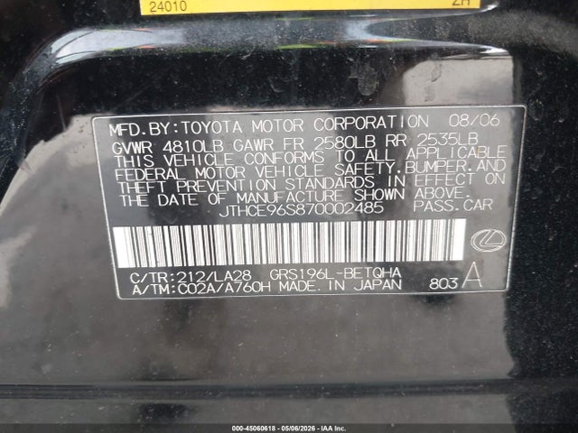 Aukcja sprzedaży 2007 Lexus Gs 350, vin: JTHCE96S870002485, numer aukcji: 45060618