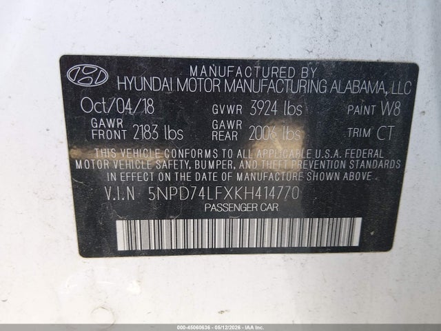 Продаж на аукціоні авто 2019 Hyundai Elantra Se, vin: 5NPD74LFXKH414770, номер лоту: 45060636