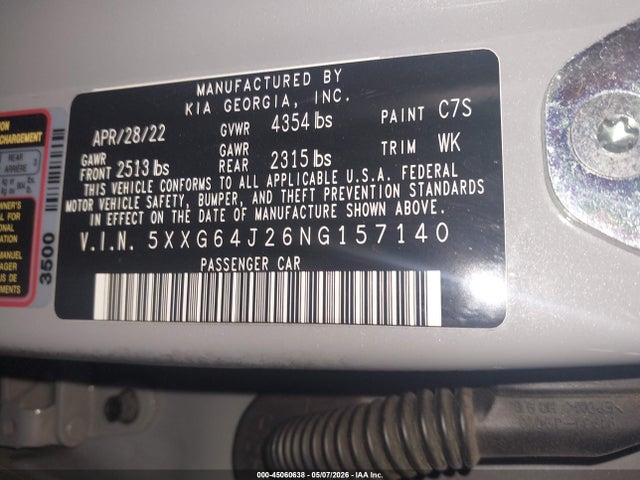 Aukcja sprzedaży 2022 Kia K5 Gt-line, vin: 5XXG64J26NG157140, numer aukcji: 45060638