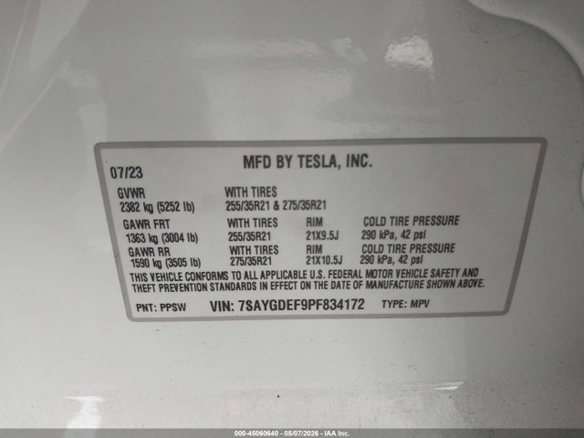 Aukcja sprzedaży 2023 Tesla Model Y Performance Dual Motor All-wheel Drive, vin: 7SAYGDEF9PF834172, numer aukcji: 45060640