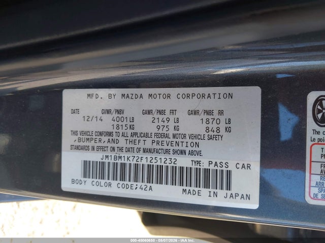 Aukcja sprzedaży 2015 Mazda Mazda3 I Sport, vin: JM1BM1K72F1251232, numer aukcji: 45060650