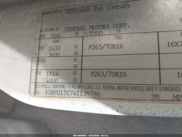 2004 Chevrolet Express მანქანა იყიდება აუქციონზე, vin: 1GBFG15T741139786, აუქციონის ნომერი: 45060661
