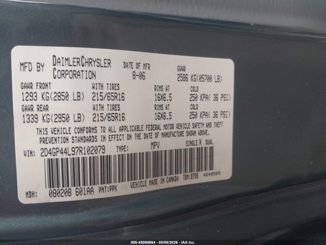 Aukcja sprzedaży 2007 Dodge Grand Caravan Sxt, vin: 2D4GP44L97R102079, numer aukcji: 45060664