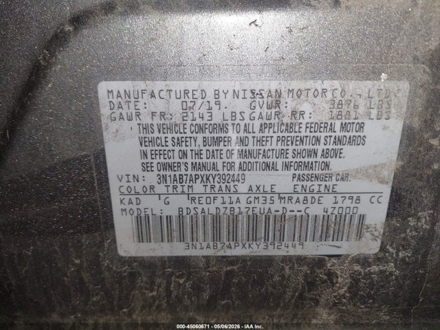 45060671 :رقم المزاد ، 3N1AB7APXKY392449 vin ، 2019 Nissan Sentra Sv مزاد بيع