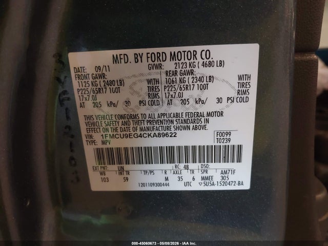 2012 Ford Escape Limited მანქანა იყიდება აუქციონზე, vin: 1FMCU9EG4CKA89622, აუქციონის ნომერი: 45060673