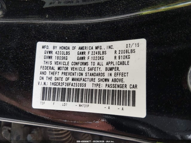 2015 Honda Accord Lx მანქანა იყიდება აუქციონზე, vin: 1HGCR2F36FA250959, აუქციონის ნომერი: 45060677