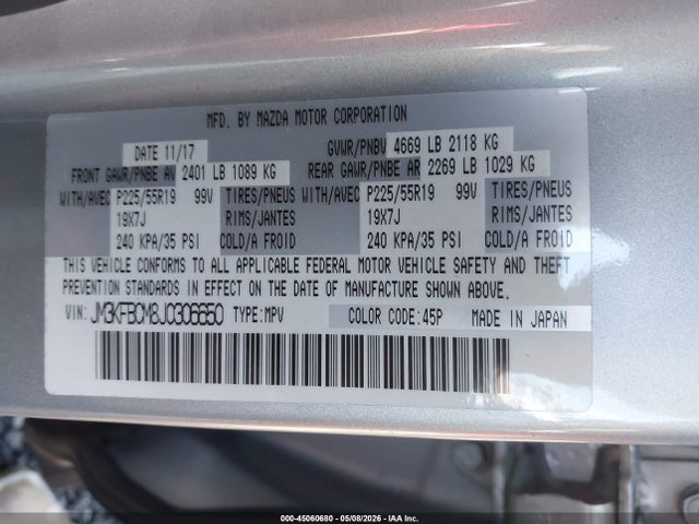 2018 Mazda Cx-5 Touring მანქანა იყიდება აუქციონზე, vin: JM3KFBCM8J0306650, აუქციონის ნომერი: 45060680
