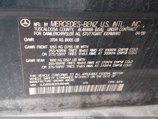 Продажа на аукционе авто 2000 Mercedes-benz Ml 320, vin: 4JGAB54E3YA189486, номер лота: 45060691