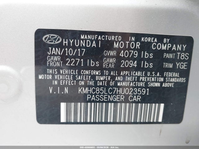 2017 Hyundai Ioniq Hybrid Limited მანქანა იყიდება აუქციონზე, vin: KMHC85LC7HU023591, აუქციონის ნომერი: 45060693