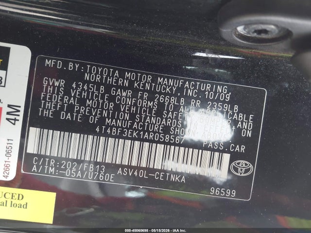 45060698 :رقم المزاد ، 4T4BF3EK1AR058567 vin ، 2010 Toyota Camry Le مزاد بيع