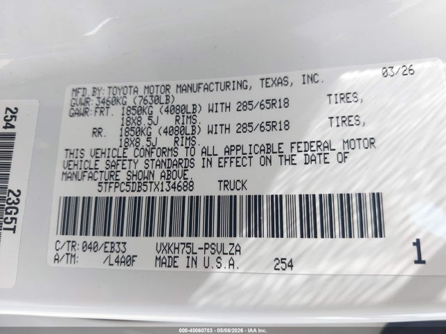 Продаж на аукціоні авто 2026 Toyota Tundra Hybrid Trd Pro Hybrid Crewmax 5.5' Bed, vin: 5TFPC5DB5TX134688, номер лоту: 45060703