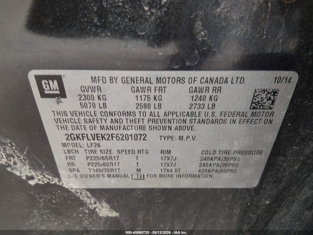 45060720 :رقم المزاد ، 2GKFLVEK2F6201072 vin ، 2015 Gmc Terrain Sle-1 مزاد بيع