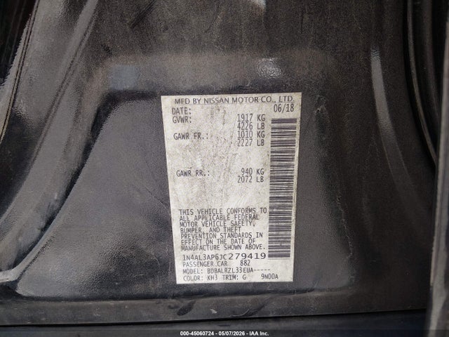 Продажа на аукционе авто 2018 Nissan Altima 2.5 Sl, vin: 1N4AL3AP6JC279419, номер лота: 45060724