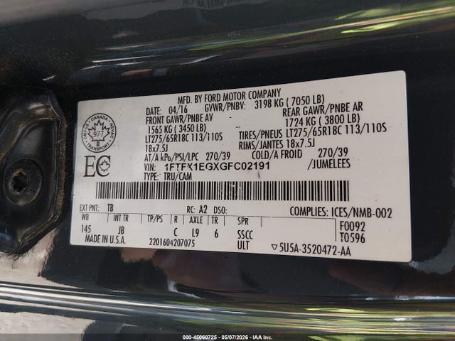 1FTFX1EGXGFC02191 Ford F-150 Xlt