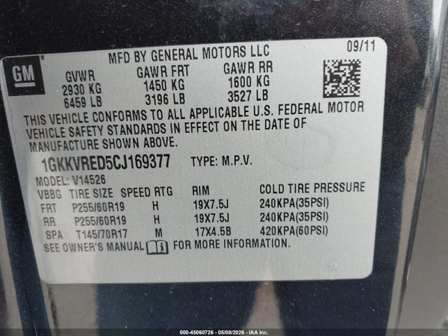 45060726 :رقم المزاد ، 1GKKVRED5CJ169377 vin ، 2012 Gmc Acadia Slt-1 مزاد بيع