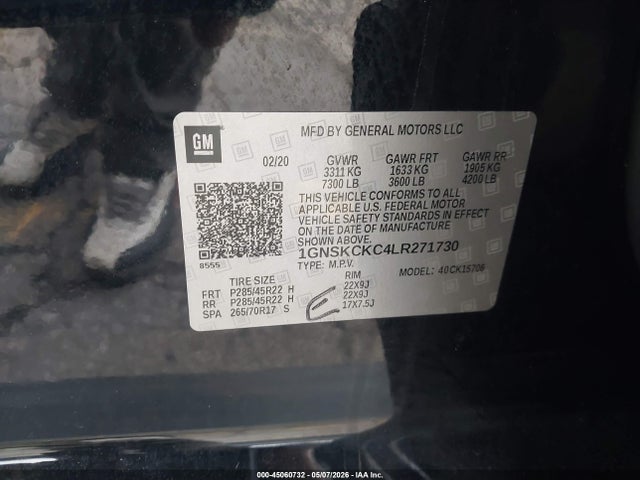 Aukcja sprzedaży 2020 Chevrolet Tahoe 4wd Premier, vin: 1GNSKCKC4LR271730, numer aukcji: 45060732