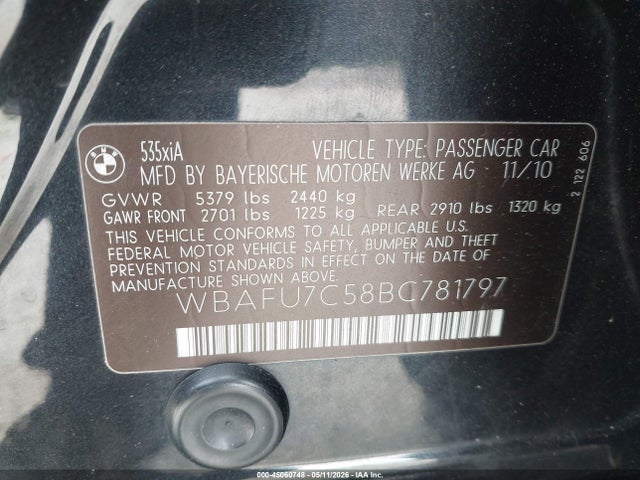 Продаж на аукціоні авто 2011 Bmw 535i Xdrive, vin: WBAFU7C58BC781797, номер лоту: 45060748