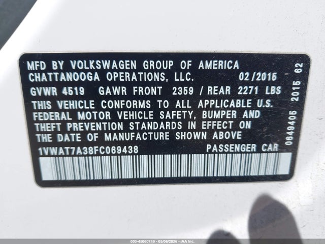 2015 Volkswagen Passat 1.8t Wolfsburg Edition მანქანა იყიდება აუქციონზე, vin: 1VWAT7A38FC069438, აუქციონის ნომერი: 45060749