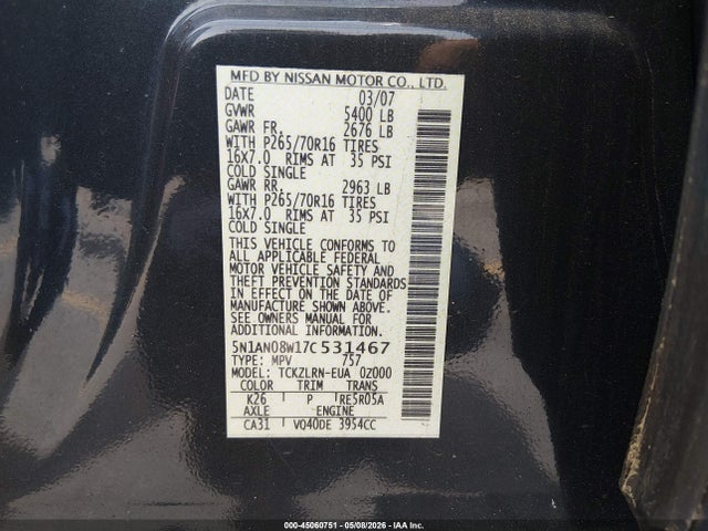 2007 Nissan Xterra S მანქანა იყიდება აუქციონზე, vin: 5N1AN08W17C531467, აუქციონის ნომერი: 45060751