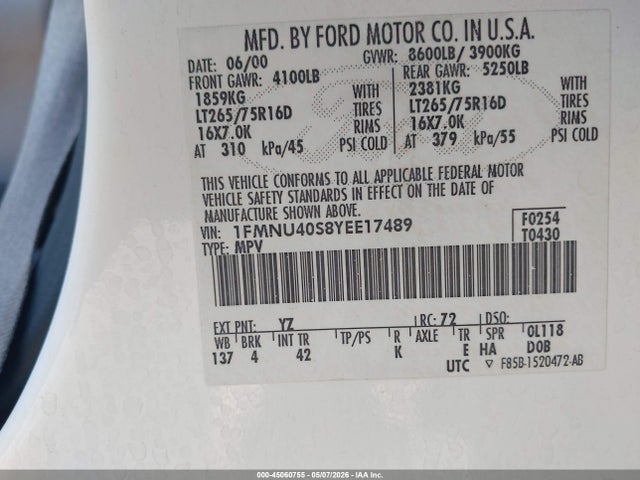 Aukcja sprzedaży 2000 Ford Excursion Xlt, vin: 1FMNU40S8YEE17489, numer aukcji: 45060755