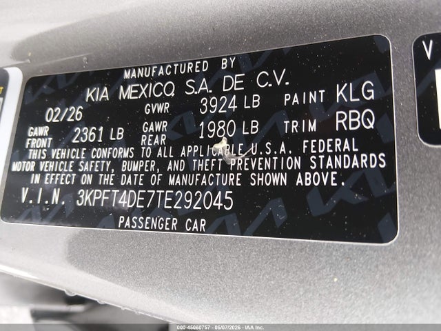 2026 Kia K4 Lxs მანქანა იყიდება აუქციონზე, vin: 3KPFT4DE7TE292045, აუქციონის ნომერი: 45060757