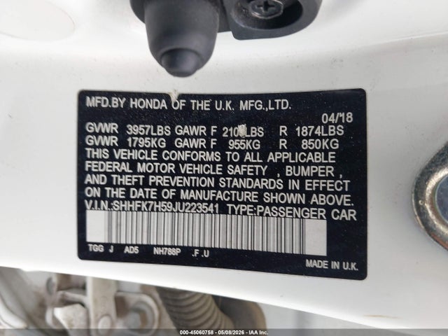 Aukcja sprzedaży 2018 Honda Civic Ex, vin: SHHFK7H59JU223541, numer aukcji: 45060758