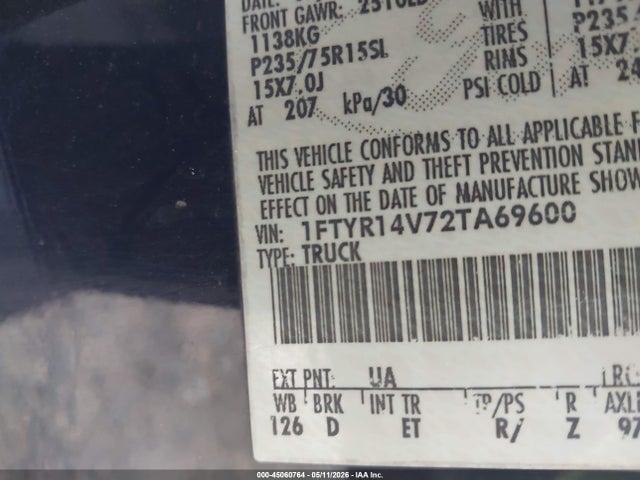 2002 Ford Ranger Edge/tremor/xl/xlt მანქანა იყიდება აუქციონზე, vin: 1FTYR14V72TA69600, აუქციონის ნომერი: 45060764