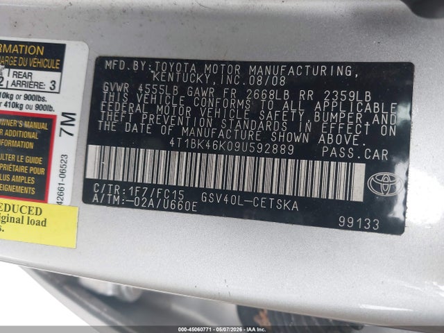 2009 Toyota Camry Se V6 მანქანა იყიდება აუქციონზე, vin: 4T1BK46K09U592889, აუქციონის ნომერი: 45060771