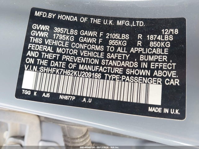 Продаж на аукціоні авто 2019 Honda Civic Ex, vin: SHHFK7H62KU209166, номер лоту: 45060780