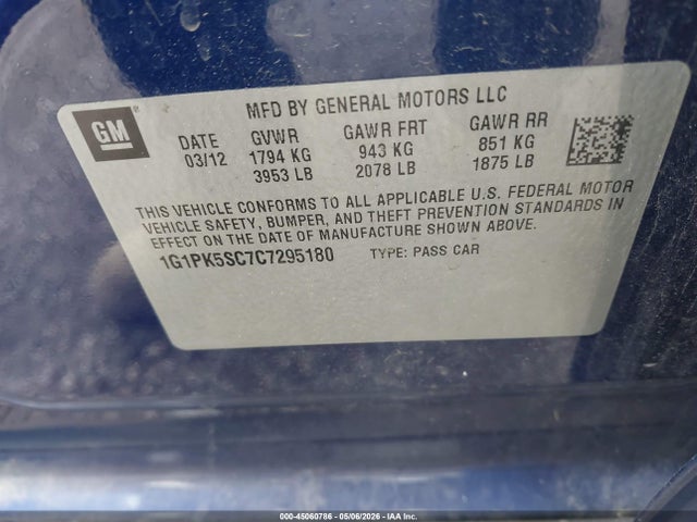 Продажа на аукционе авто 2012 Chevrolet Cruze Eco, vin: 1G1PK5SC7C7295180, номер лота: 45060786