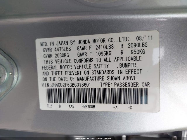 45060789 :رقم المزاد ، JH4CU2F63BC018601 vin ، 2011 Acura Tsx 2.4 مزاد بيع