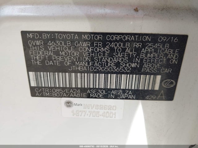 Продажа на аукционе авто 2016 Lexus Is 200t, vin: JTHBA1D29G5036532, номер лота: 45060793