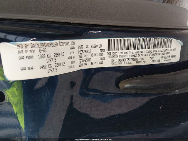 45060794 :رقم المزاد ، 1J4GR48K65C721862 vin ، 2005 Jeep Grand Cherokee Laredo مزاد بيع