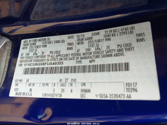 2015 Ford Escape Se მანქანა იყიდება აუქციონზე, vin: 1FMCU9GX8FUA49355, აუქციონის ნომერი: 45060799