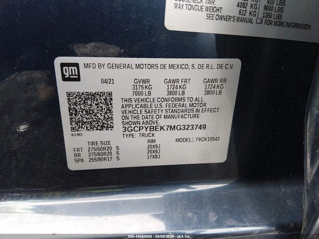 Aukcja sprzedaży 2021 Chevrolet Silverado 1500 4wd  Short Bed Custom, vin: 3GCPYBEK7MG323749, numer aukcji: 45060800