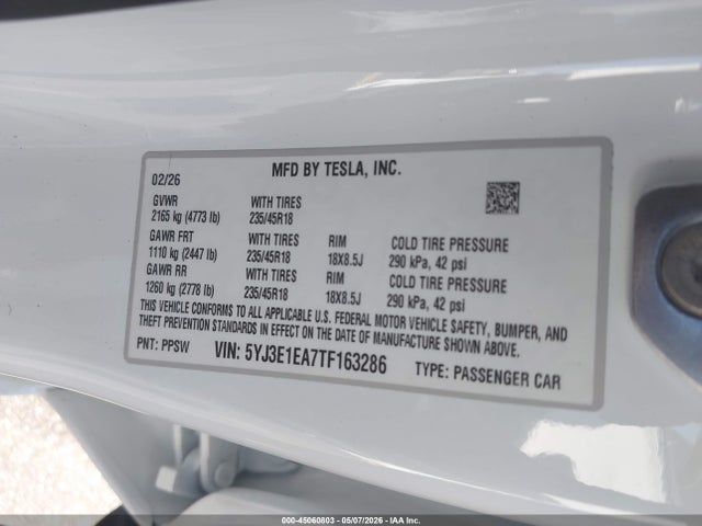 Продаж на аукціоні авто 2026 Tesla Model 3 Premium Rear-wheel Drive/rear-wheel Drive, vin: 5YJ3E1EA7TF163286, номер лоту: 45060803